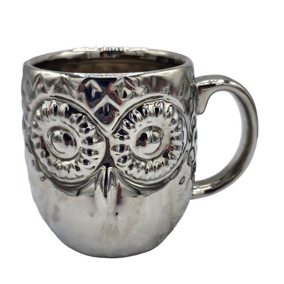 Home Essentials Metallic Silver Owl Face Big Eyes 3D Textured Coffee Tea Mug - Picture 1 of 6
